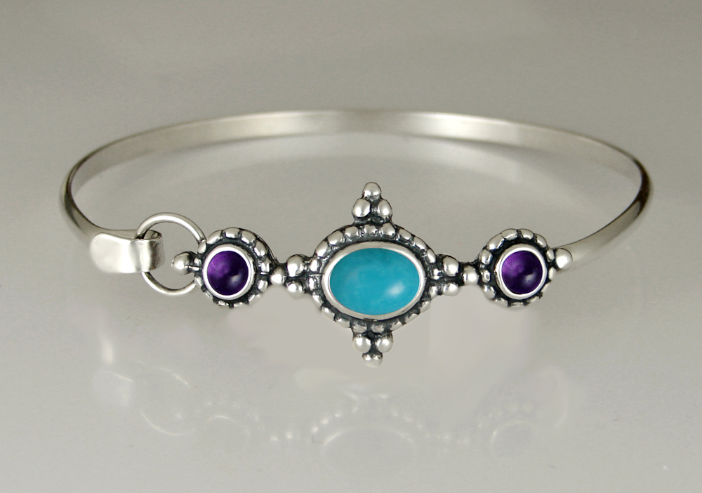 Sterling Silver Strap Latch Spring Hook Bangle Bracelet With Turquoise And Amethyst